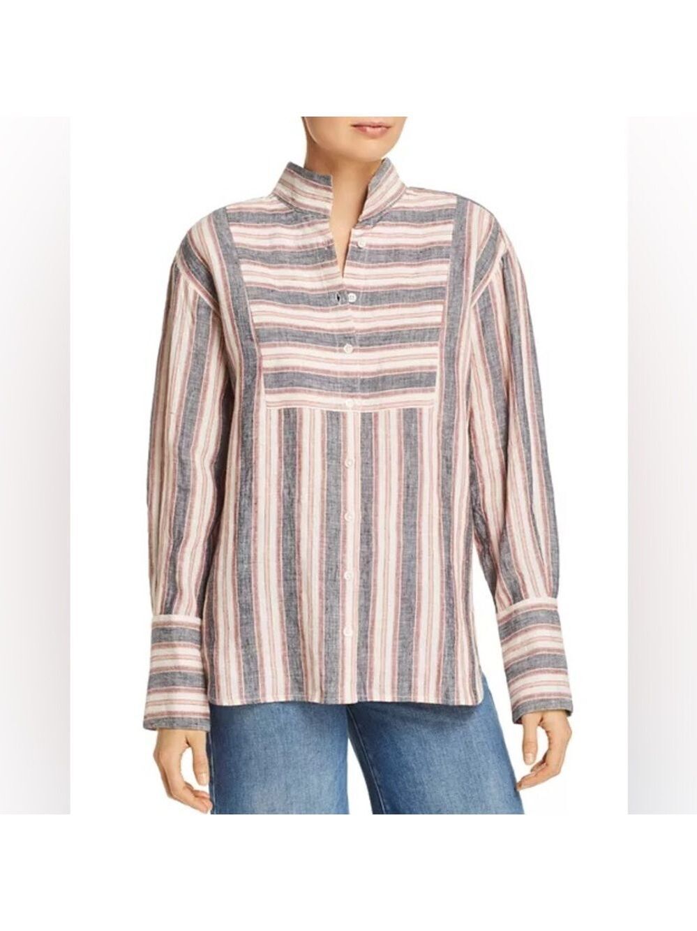 NWOT FRAME Women’s Stripe Linen Bib Shirt Red/White/Blue Button Down L